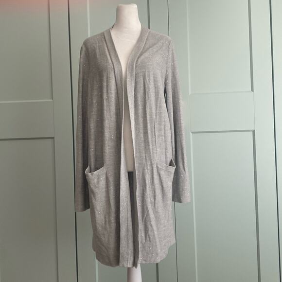 Lafayette 148 Silver Gray Sequin Silk Cotton Blend Cardigan Duster sz M - Picture 1 of 7